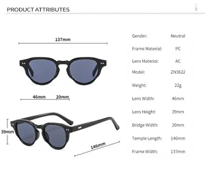 Detailed size chart for retro round sunglasses showing frame dimensions and PC material