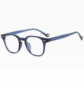 Detail view of transparent blue eyewear frame with specifications 211531 on the temple