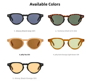 Detailed view of trendy round frame sunglasses in five colors with rivet decorations