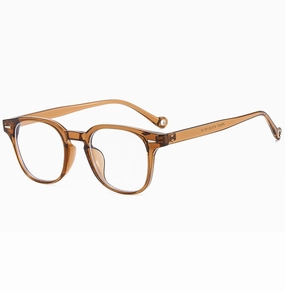 Detailed view of translucent amber square frames with temple size specs and CE mark