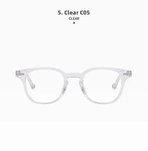 Front view of clear square eyeglass frames with visible metal hinge reinforcement