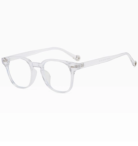 Detailed macro view of TR90 transparent square frame showing metal hinge and model info