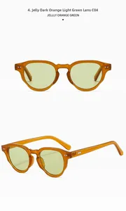 Detail view of jelly orange frames with light green lenses and printed model numbers