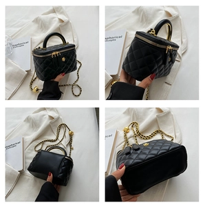 Detailed four-angle view of black quilted box bag with golden chain and ball adjuster