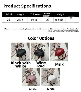 Size chart and dimensions for the shell-shaped PU leather handbag with color options