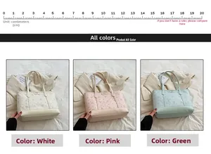 Detailed view of large capacity tote bags in white, pink and green with cartoon prints