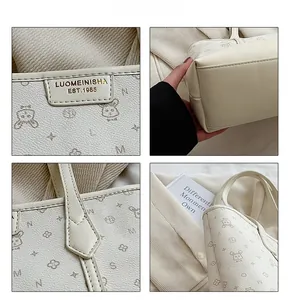 Detailed views of beige tote bag with floral patterns and reinforced stitching handles