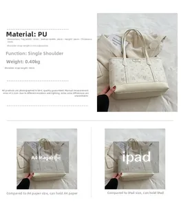 Size chart for the bear print PU tote bag showing A4 paper and iPad capacity comparison