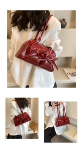 Three-way view of deep red patent leather handbag featuring chic bow-tie pocket details