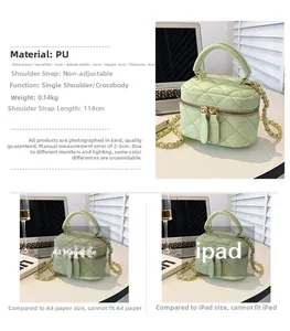 Mini mint green quilted bucket bag with chain strap and specific dimensions 14x9x9cm
