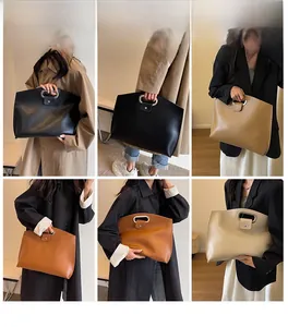 Collage of chic leather clutch bags with oval metal handles in four elegant colors