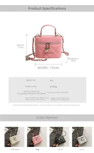 Detailed size specifications for a quilted PU leather mini bag with chain strap