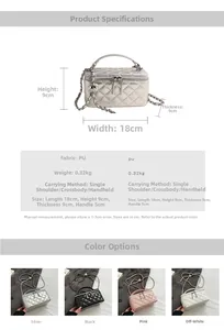 Detailed technical diagram showing 18x9x9cm dimensions for quilted chain box bag
