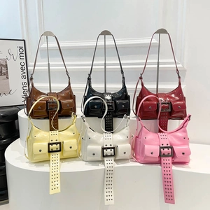 Women Retro Motorcycle Shoulder Bag PU Patent Leather Rivet Multi Pocket Y2K Punk Style Fashion Crossbody Bag