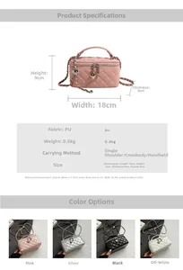 Detailed size chart and specifications for the quilted chain crossbody box bag