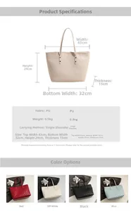 Quilted tote bag size guide with dimensions in red, white, black and blue colors