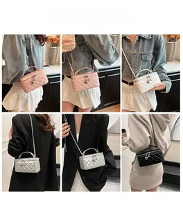 Multiple views of quilted mini crossbody bags in various colors on a model with chain strap