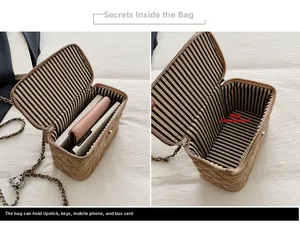 Detail view of interior striped lining and storage capacity for beige quilted box bag