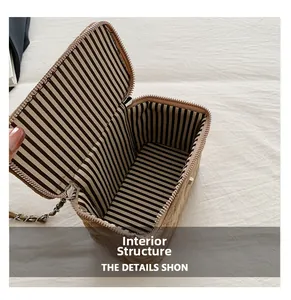 Internal structure of khaki quilted chain bag featuring large capacity with striped lining
