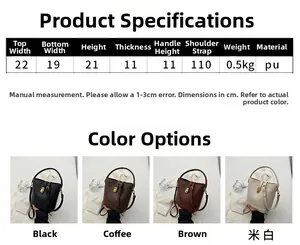 Tableau des tailles et dimensions du sac seau en cuir PU avec quatre couleurs