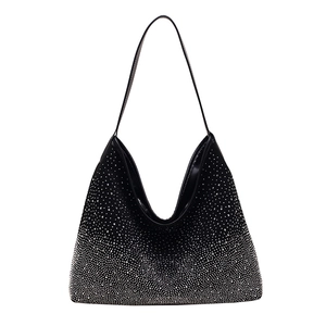 Bolso hobo negro brillante con degradado de cristales y correa delgada de moda