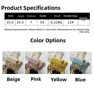 Detailed size specifications and four available colors for the mini tweed crossbody bag