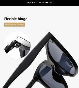 Detailed close-up of flexible hinges and high-quality painting on black square sunglasses