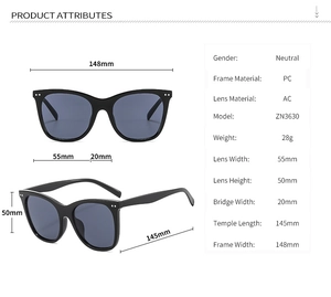 Detailed size specifications and PC/AC material attributes for large frame sunglasses