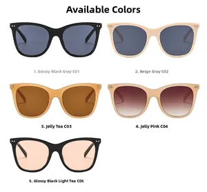 Detailed flat lay of trendy cat eye sunglasses in black, beige, tea, and pink frames