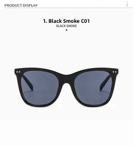 Detail of classic black square sunglasses featuring smoke lenses and silver metal rivets