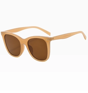 Detail of trendy cat-eye sunglasses with translucent tea frames and CE certified temples