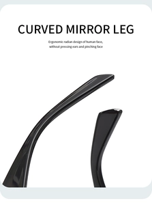 Detailed view of glossy black ergonomic sunglasses temples designed for pressure-free comfort