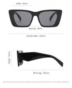 Detailed size specification chart for stylish oversized square frame polarized sunglasses