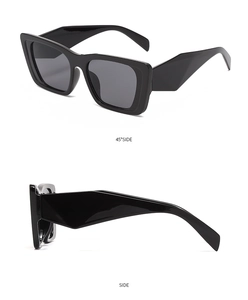 Detailed side view of stylish black square sunglasses with unique geometric temples