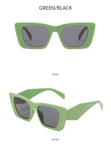 Detailed front and side views of green square frame polarized sunglasses with black lenses