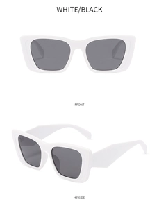 White cat-eye sunglasses with dark lenses shown in front and 45-degree side views