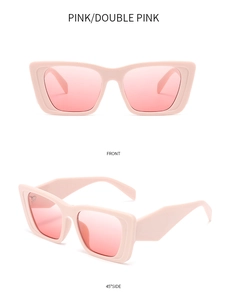 Pink oversized square polarized sunglasses showing front and 45-degree side views
