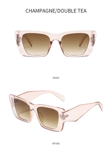 Detailed front and side view of champagne square frame sunglasses with gradient tea lenses