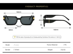Detailed size specifications and dimensions for these square frame unisex sunglasses