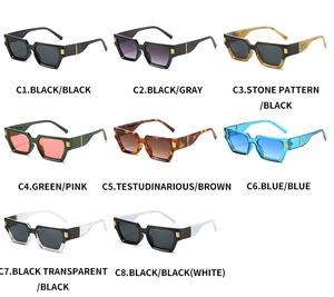 Matrix display of vintage square sunglasses with diverse color frames and gold rivet details