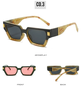 Detail view of square sunglasses showing rivet accents and colorful frame variations