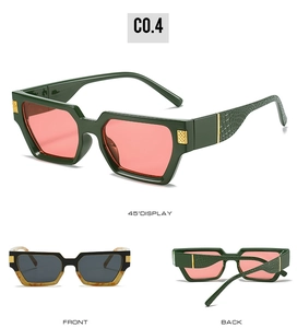Detail view of square sunglasses featuring crocodile texture arms and metallic rivet accents