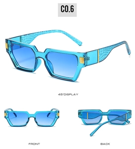 Detail view of square blue sunglasses featuring crocodile pattern embossed on temples