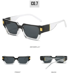 Detailed views of square sunglasses with crocodile texture and gold metal accents