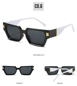 Three-way view of square sunglasses with black frames, white temples and gold metal accents