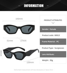 Detailed technical diagram of cat-eye sunglasses with precise frame measurements