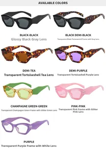 Collection of cat-eye sunglasses in various colors including tortoiseshell and glitter finishes
