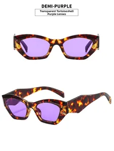 Detail of tortoise frame sunglasses with purple lenses and geometric temple design