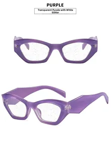 Detail of purple cat-eye glasses with transparent frames and glitter lens effect