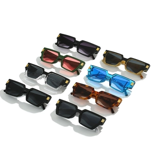 Collection of multi-color rectangular sunglasses with thick frames and metal rivet accents